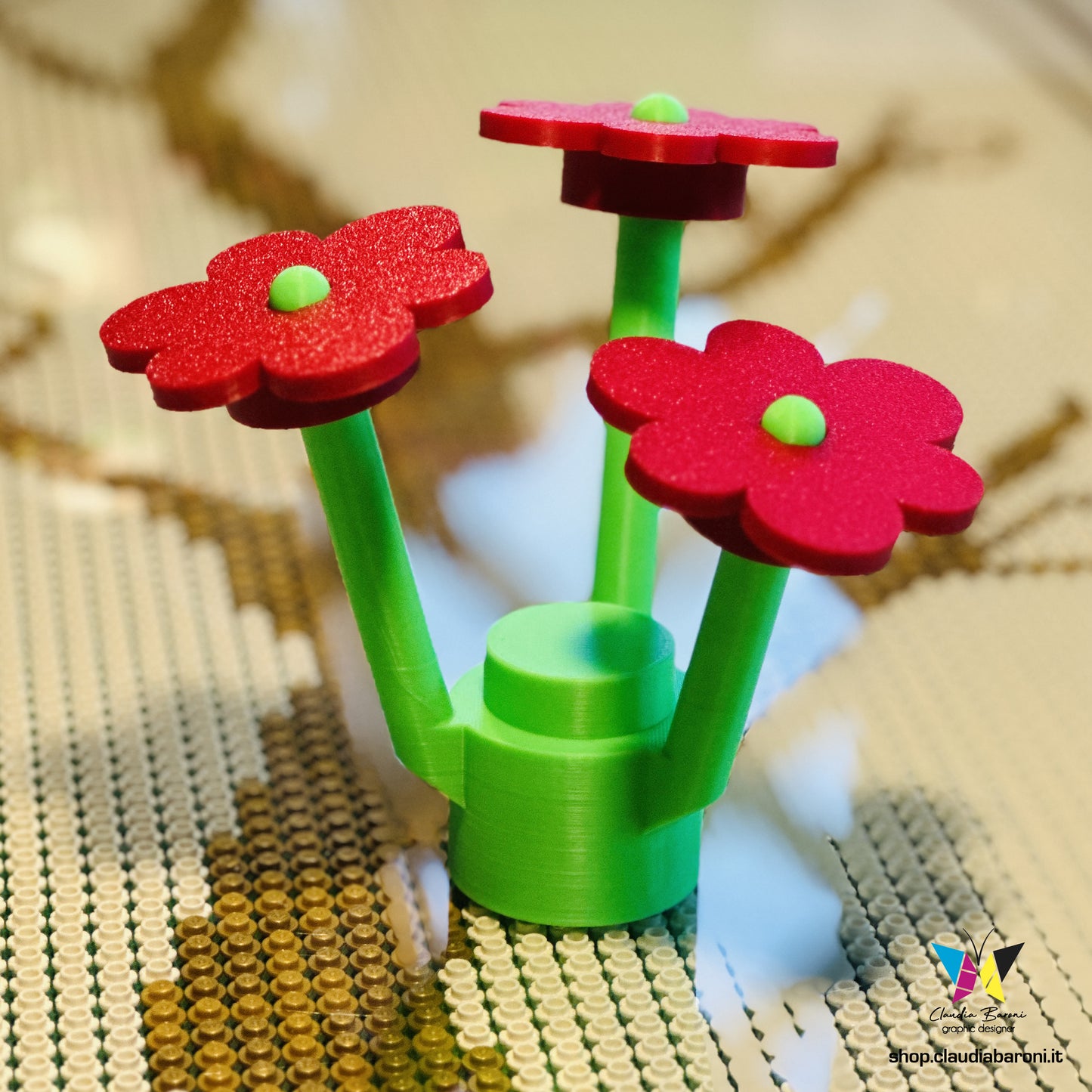 Fiore Lego 3d - Verde acido + petali rossi